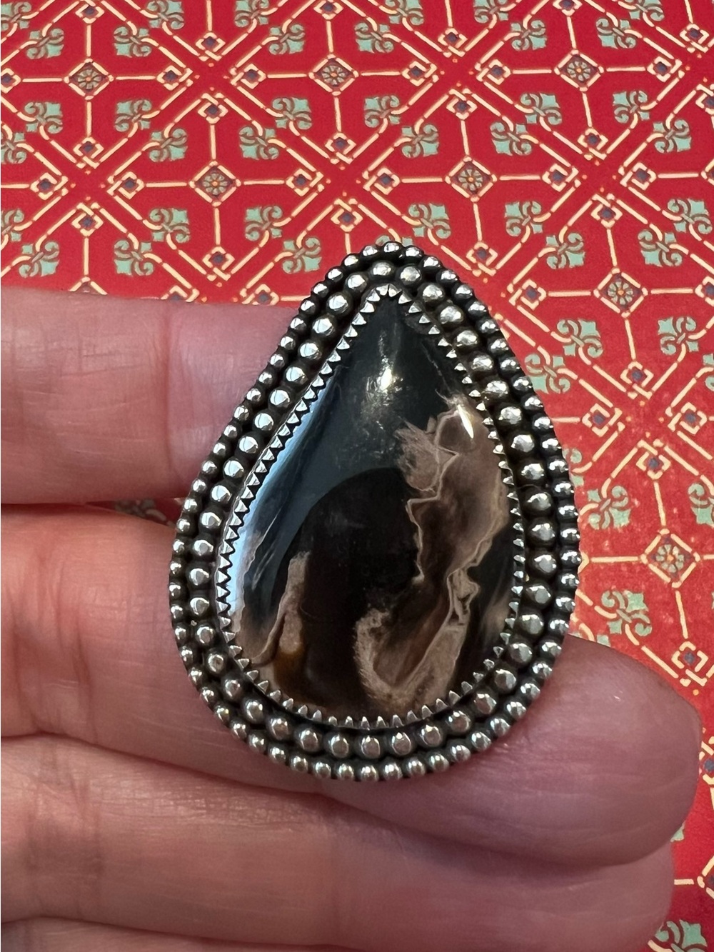 Black and brown petrified wood Teardrop Statement Ring - silver
